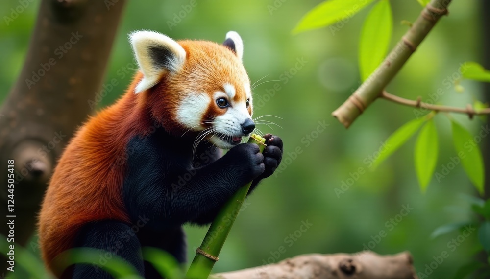 Fototapeta premium Red panda eating bamboo in a naturalistic enclosure, nature photography, mammal