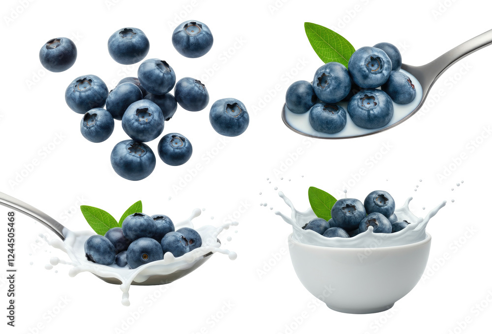Blueberries in various arrangements with milk and leaves, including bowl spoon Blueberries in various arrangements with milk and leaves, including bowl spoon