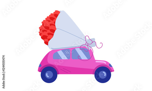 A pink car carrying a bouquet of flowers on white background. Minimalism. Valentines day card. Flower delivery. International Womens Day. Vector illustration. 