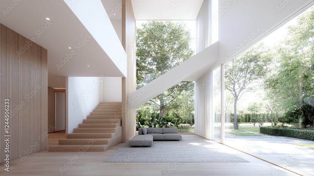 Fototapeta premium Modern home interior, staircase, garden view, sunlight