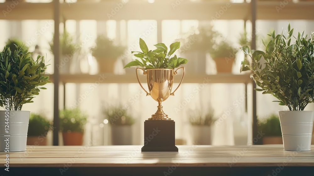 A golden trophy holds fresh green plants, symbolizing achievement and growth in a bright, sunlit space filled with vibrant greenery. A golden trophy holds fresh green plants, symbolizing achievement and growth in a bright, sunlit space filled with vibrant greenery.