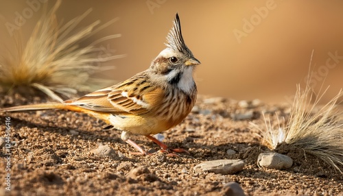 Vibrant Crested Bunting in Close Up on Dappled Ground, Showcasing Striking Plumage and Detailed Patterns, Against a Backdrop of Lush Green Vegetation. photo