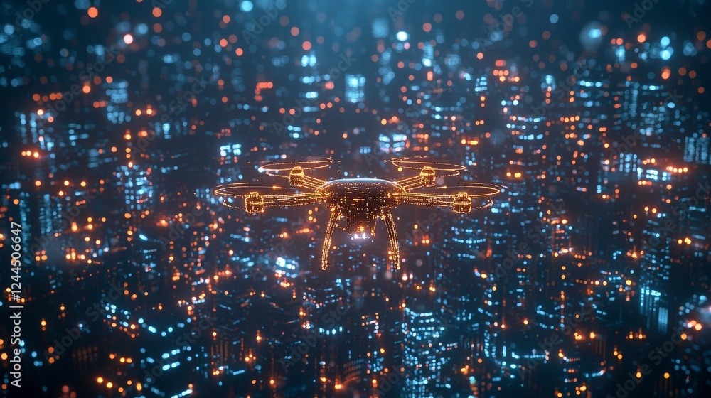 Obraz premium A futuristic drone hovers over a dazzling cityscape at night, illuminating the skyline with bright lights in a technological marvel.
