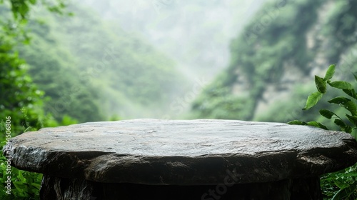 Tranquil stone table in lush greenery with misty mountain backdrop during serene daylight hours