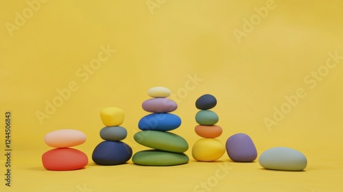 Colorful stacked stones arranged artistically on a bright yellow background highlighting creativity and inspiration photo