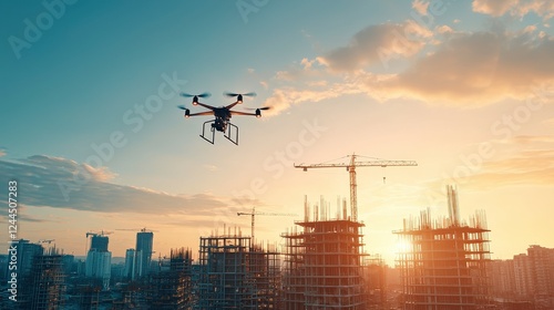 A drone flies over a construction site during sunset, showcasing modern technology in the industry. The sky is colorful and dynamic. photo