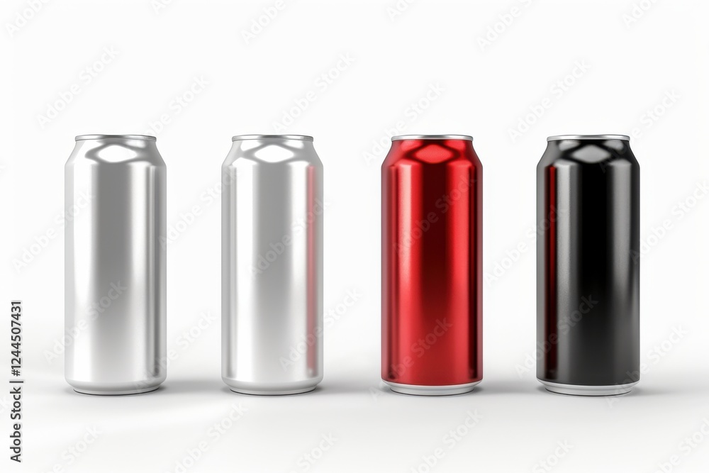 High-quality 3D render of aluminum slim cans in silver, white, black, and red, arranged on an isolated white background, perfect for beer can mockup templates High-quality 3D render of aluminum slim cans in silver, white, black, and red, arranged on an isolated white background, perfect for beer can mockup templates