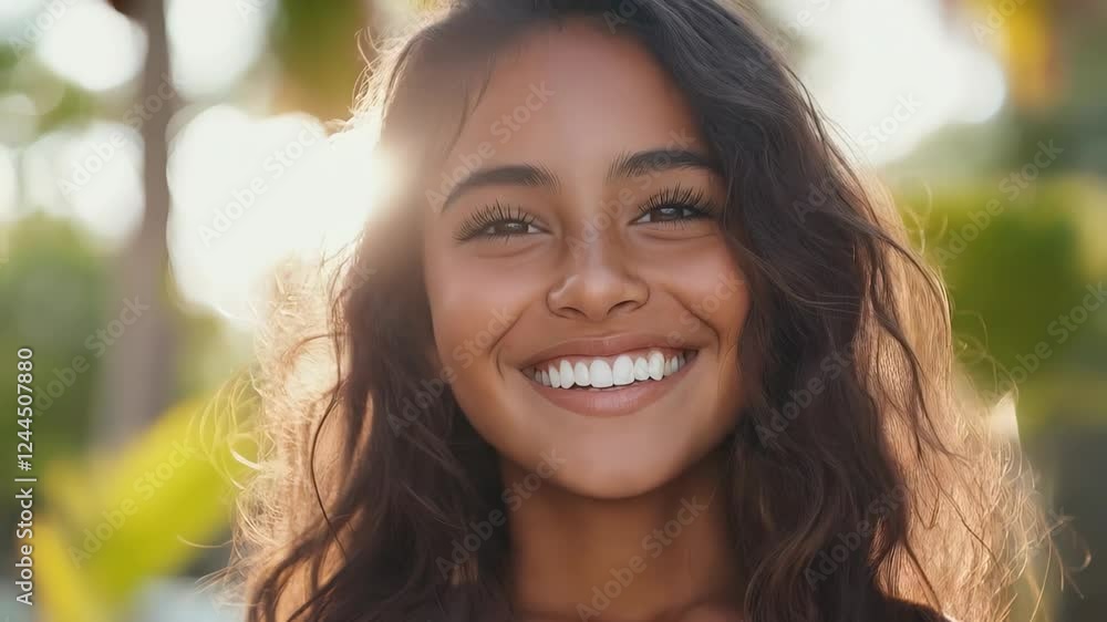 Golden sunlight casting lens flare while radiating through foliage, highlighting cheerful young woman with brown hair and brilliant white teeth beaming naturally Concept of dentistry and healthy teeth Golden sunlight casting lens flare while radiating through foliage, highlighting cheerful young woman with brown hair and brilliant white teeth beaming naturally Concept of dentistry and healthy teeth