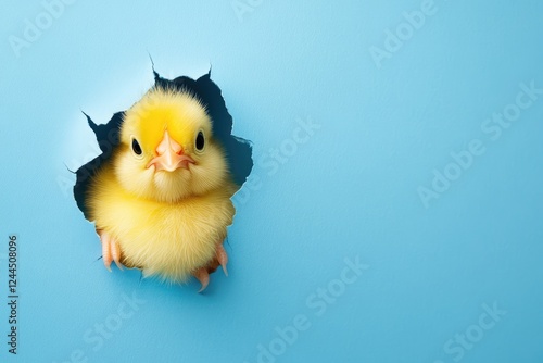 Wallpaper Mural Easter chick peeking out of a hole in blue paper background, yellow chick looking out torn hole Torontodigital.ca