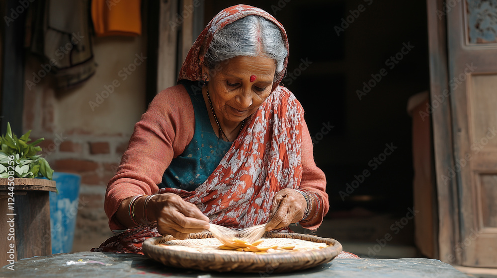 Aging Indian woman kneading dough on home floor, hands showcasing generations of culinary tradition and cultural depth
