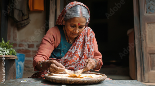 Obraz na płótnie Aging Indian woman kneading dough on home floor, hands showcasing generations of culinary tradition and cultural depth w salonie