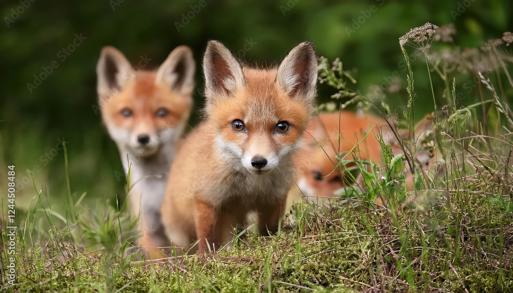Obraz premium Vibrant and Inquisitive Baby Red Fox Exploring a Winter Wonderland Forest, FrostKissed Branches and Snowy Mounds Captured in the Soft Glow of Twilight.