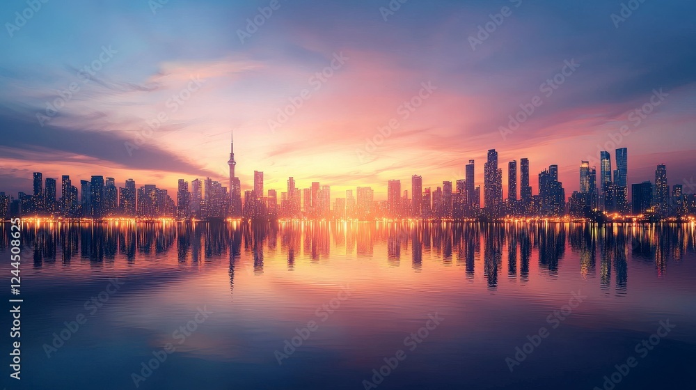 Fototapeta premium A breathtaking city skyline at sunset, reflecting in the calm waters below. The vibrant colors of dusk create a stunning backdrop for modern architecture.