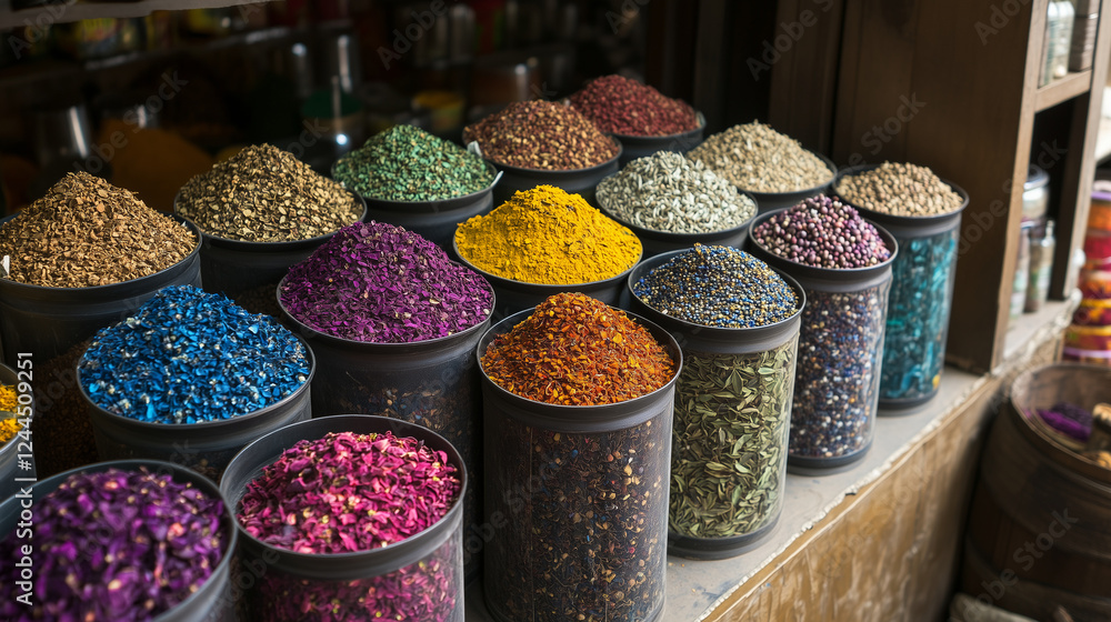Colorful spices filling metal containers at vibrant Indian market stall