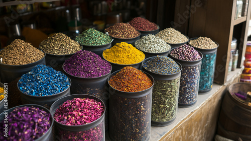 Obraz na płótnie Colorful spices filling metal containers at vibrant Indian market stall w salonie
