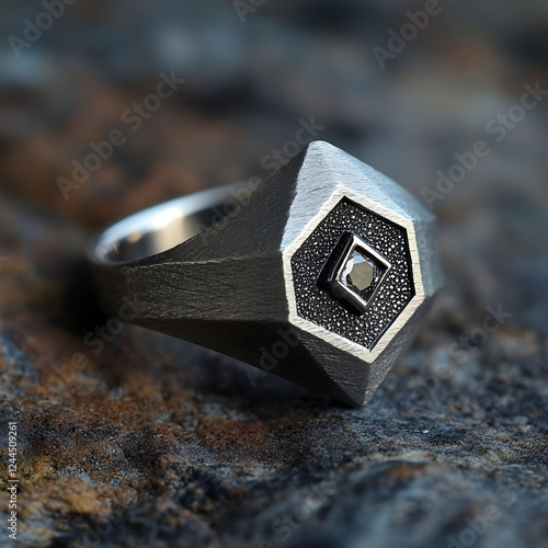 A signet ring , silver , matte , futuristic brutalism , white diamond , seraphim mystic face , minimalistic photo