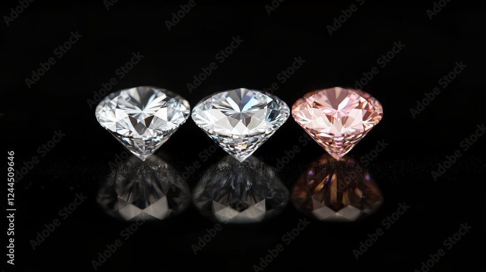 A stunning display of three brilliant diamonds: one clear, one blue, and one pink, reflecting light beautifully against a dark backdrop. A stunning display of three brilliant diamonds: one clear, one blue, and one pink, reflecting light beautifully against a dark backdrop.