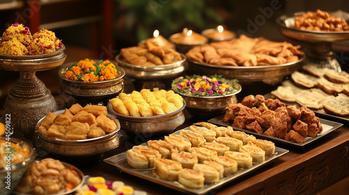 Obraz na płótnie Various Indian delicacies arranged on ornate silver trays, creating a visually appealing display of culinary artistry w salonie