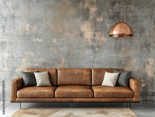Modern brown leather sofa with gray cushions in an industrial interior