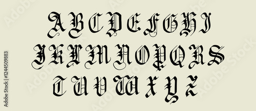 Gothic alphabet. Medieval handwritten typeface in old style made with calligraphy pen. Traditional font for authentic projects engraved on paper