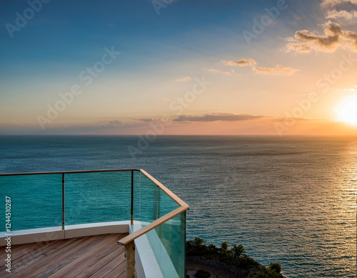 Vue imprenable sur l’océan depuis une terrasse avec garde-corps en verre au coucher du soleil photo