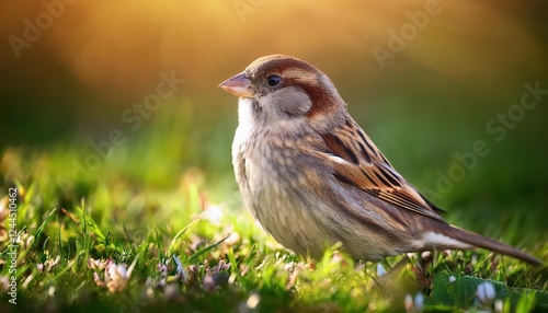 Charming Emberiza Cirlus Sparrow Perched on a Lush Lawn amidst a Breathtaking Scene of Natures Tranquility, Boasting Vibrant Greens and Cheerful Hues. photo