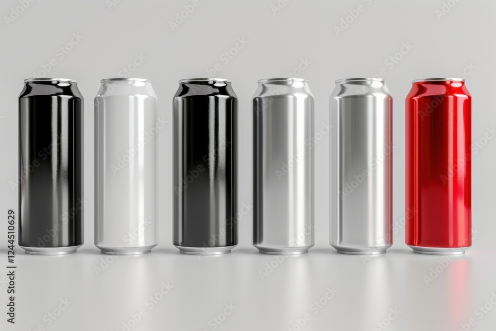 Set of 3D aluminum slim cans in silver, white, black, and red, arranged on a white background, perfect for beer can mockup templates Set of 3D aluminum slim cans in silver, white, black, and red, arranged on a white background, perfect for beer can mockup templates