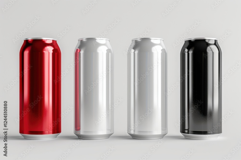 Set of 3D aluminum slim cans in silver, white, black, and red, arranged on a white background, perfect for beer can mockup templates Set of 3D aluminum slim cans in silver, white, black, and red, arranged on a white background, perfect for beer can mockup templates