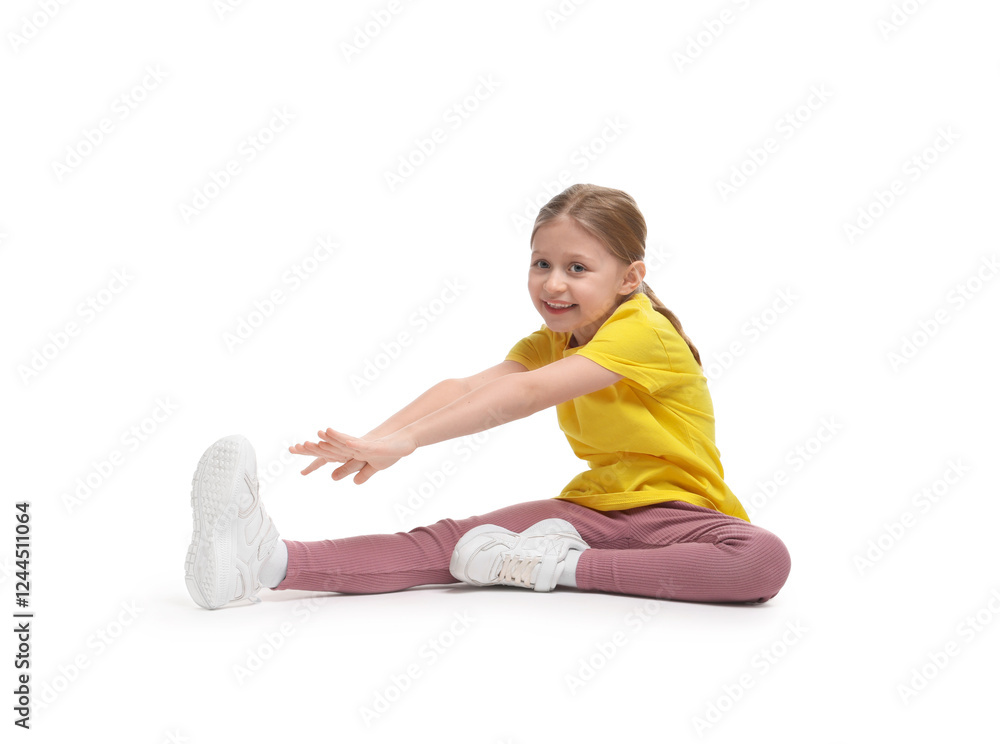 Cute little girl exercising on white background Cute little girl exercising on white background