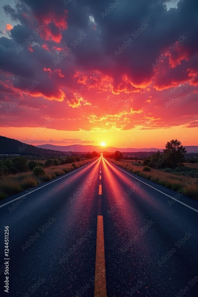 Naklejka premium Dark grey asphalt contrasts vibrant sunset sky, pattern, travel