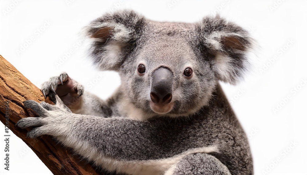 Naklejka premium Enchanting Portrait of a Koala in Australian Wilderness, Seated Gracefully on a Barren Limb against a Tranquil Backdrop, Showcasing the Playful Character and Striking Fur Texture of these Cuddly