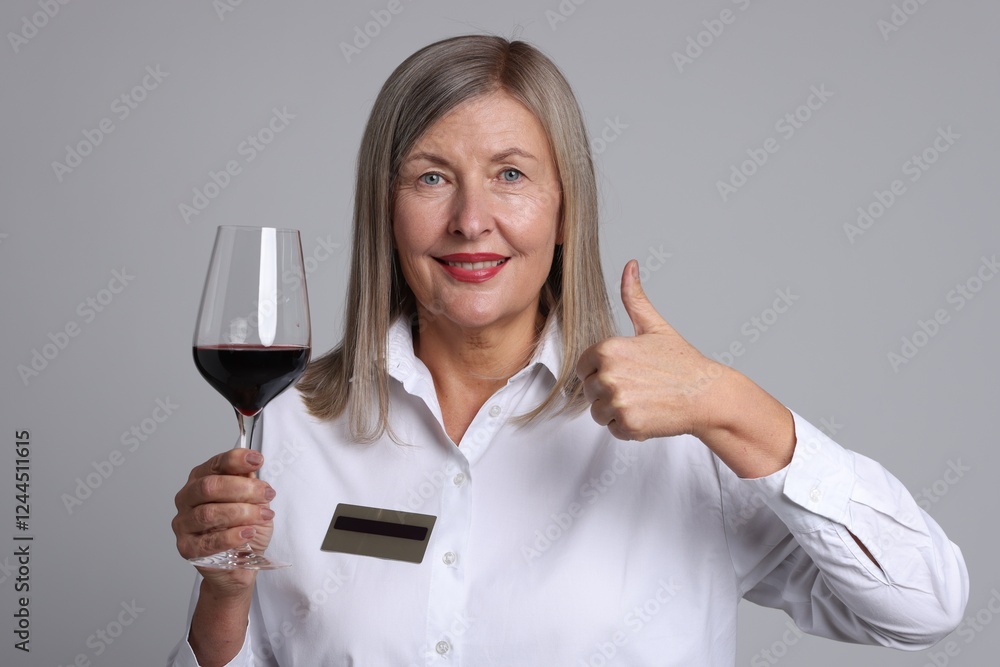 Senior woman with glass of wine showing thumbs up on grey background Senior woman with glass of wine showing thumbs up on grey background