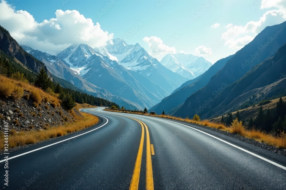 Fototapeta premium Empty asphalt road curves through majestic mountains , range, highway