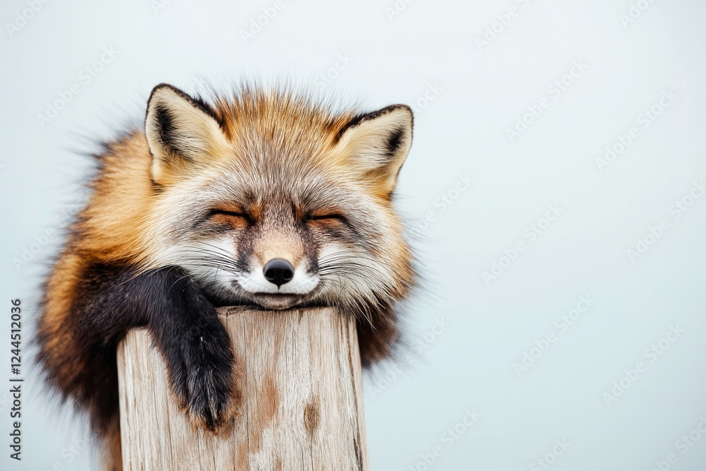 Obraz premium Fuzzy fox enjoys sunlight while resting on tree stump during snowy winter in Hokkaido Japan
