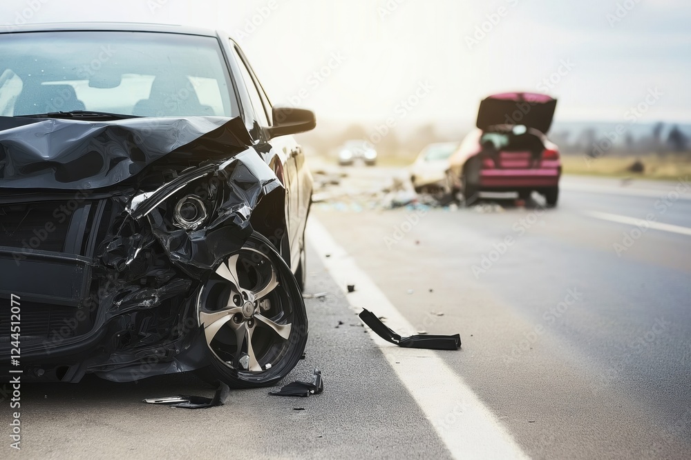 Elevated view of damaged cars on roadside after accident showing faded colors and destruction Elevated view of damaged cars on roadside after accident showing faded colors and destruction
