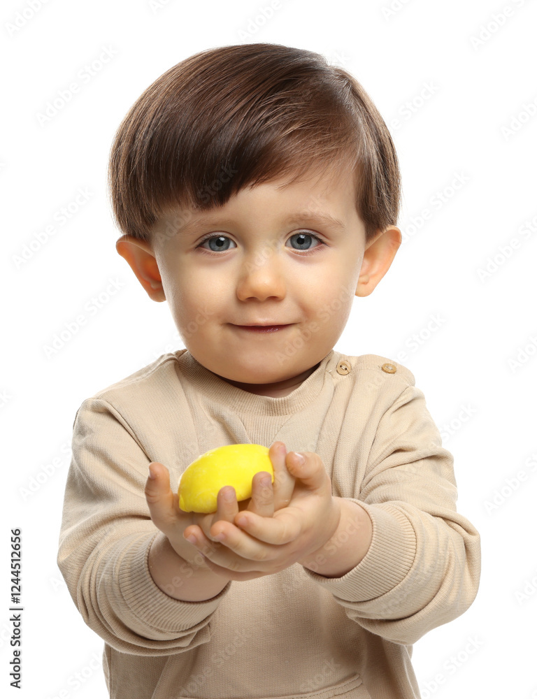 Cute little child with tasty mochi on white background Cute little child with tasty mochi on white background