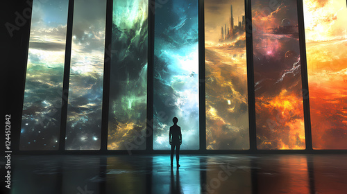 An individual stands before a wall of windows showcasing a spectrum of diverse and fantastical worlds. Parallel Universe & Alternate History. Illustration photo