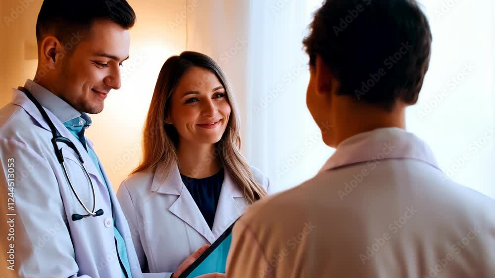 Doctors engaging in discussion while using a tablet to review medical information. Professional teamwork and patient care concept in a hospital environment Doctors engaging in discussion while using a tablet to review medical information. Professional teamwork and patient care concept in a hospital environment