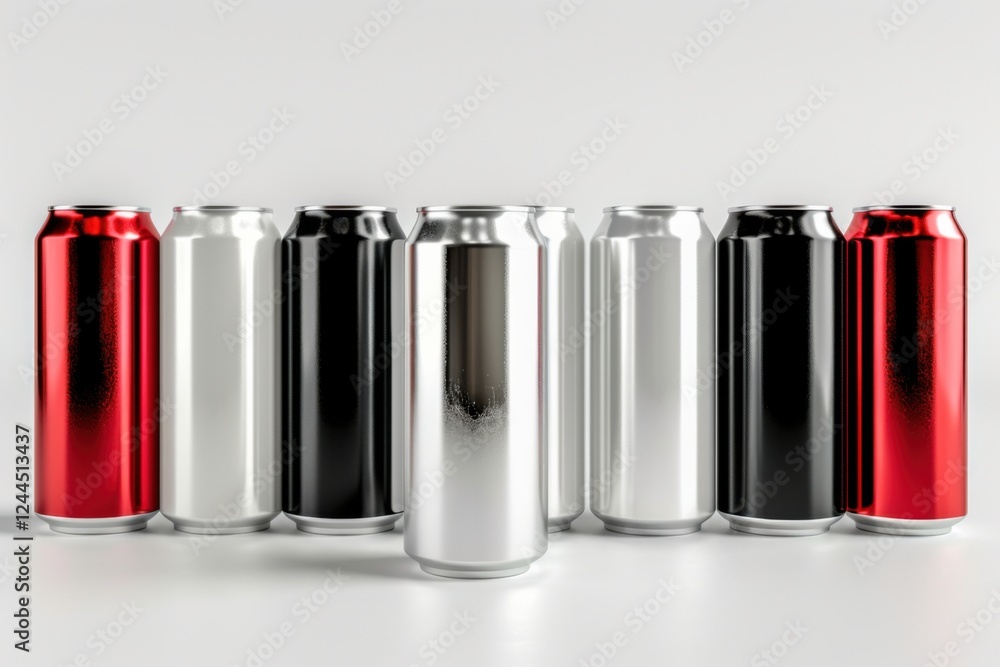 Set of 3D aluminum slim cans in silver, white, black, and red, arranged on a white background, perfect for beer can mockup templates Set of 3D aluminum slim cans in silver, white, black, and red, arranged on a white background, perfect for beer can mockup templates