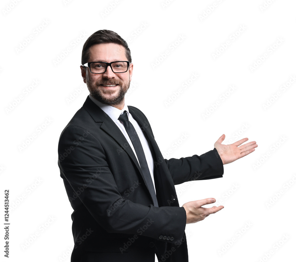 Happy businessman welcoming clients or partners on white background Happy businessman welcoming clients or partners on white background