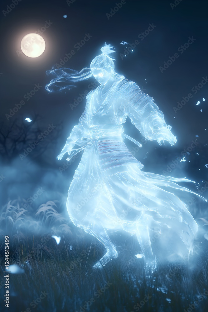 Samurai spirit embodied in a ghostly warrior, figure standing on a battlefield, ancient armor Japanese culture Samurai spirit embodied in a ghostly warrior, figure standing on a battlefield, ancient armor Japanese culture