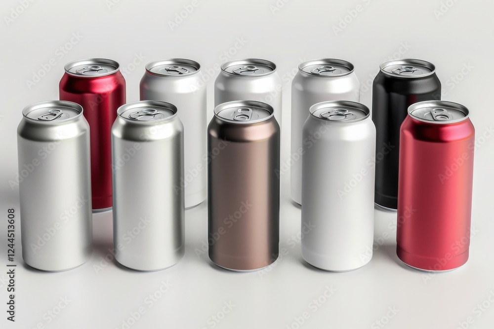 Set of 3D aluminum slim cans in silver, white, black, and red, arranged on a white background, perfect for beer can mockup templates Set of 3D aluminum slim cans in silver, white, black, and red, arranged on a white background, perfect for beer can mockup templates