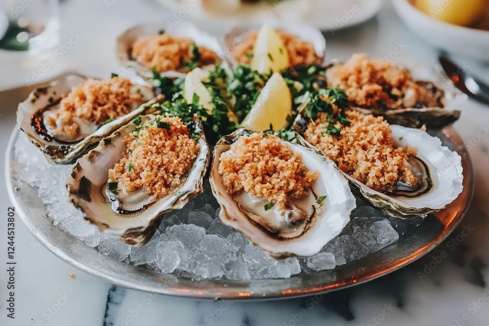 A platter of fresh oysters on the half shell topped with golden breadcrumbs and chopped herbs, served on crushed ice with lemon wedges for garnish A platter of fresh oysters on the half shell topped with golden breadcrumbs and chopped herbs, served on crushed ice with lemon wedges for garnish