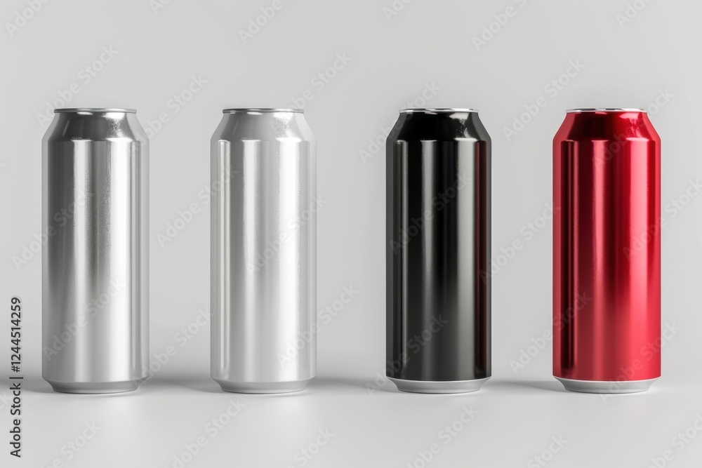 Set of 3D aluminum slim cans in silver, white, black, and red, arranged on a white background, perfect for beer can mockup templates Set of 3D aluminum slim cans in silver, white, black, and red, arranged on a white background, perfect for beer can mockup templates