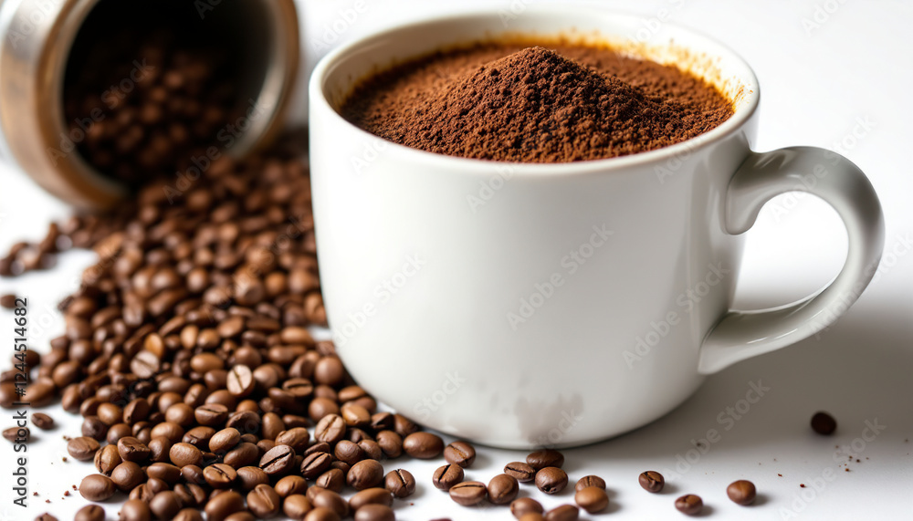 Fresh Ground Coffee in White Mug with Beans Fresh Ground Coffee in White Mug with Beans