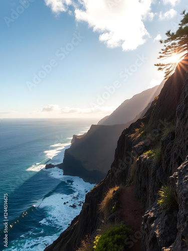 Aerial video of a man hiking down and left at sunrise along a rugged sea cliff by the ocean with waves breaking, mountain range in the background and ironwood pine, Makawehi Lithified bluff, Kauai photo