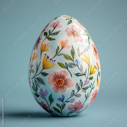 An Easter egg with hand-painted floral patterns on a simple pastel background photo