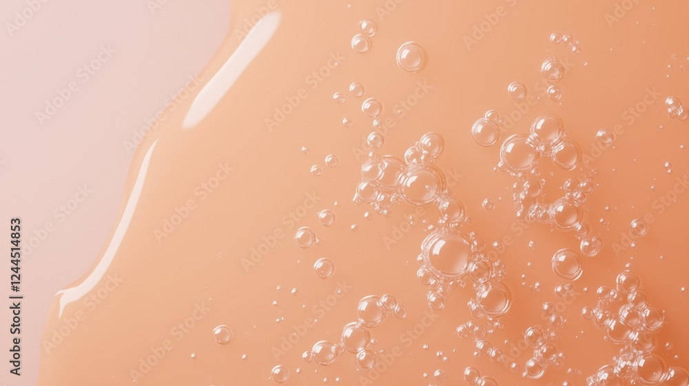 Fototapeta premium Peach Liquid with Bubbles: Abstract close-up shot of a peach-colored liquid with small air bubbles suspended within, creating a smooth, elegant texture with a subtle interplay of light and shadow.