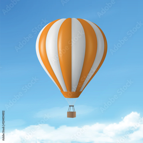 Vector Travel Banner with 3d Realistic Hot Air Balloon Icon on a Blue Sky Background. Design Template, Summer Vacation, Travelling, Tourism and Journey Concept