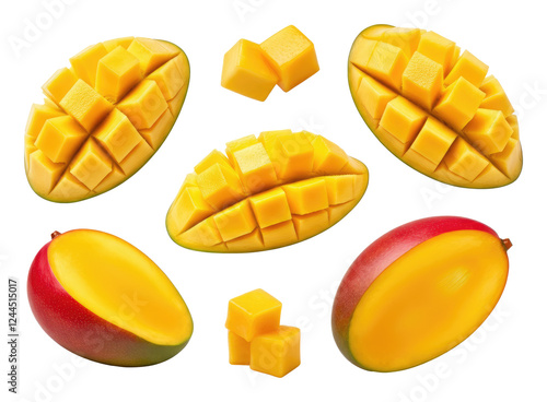 Sliced and cubed mangoes in various arrangements showcasing fresh yellow red